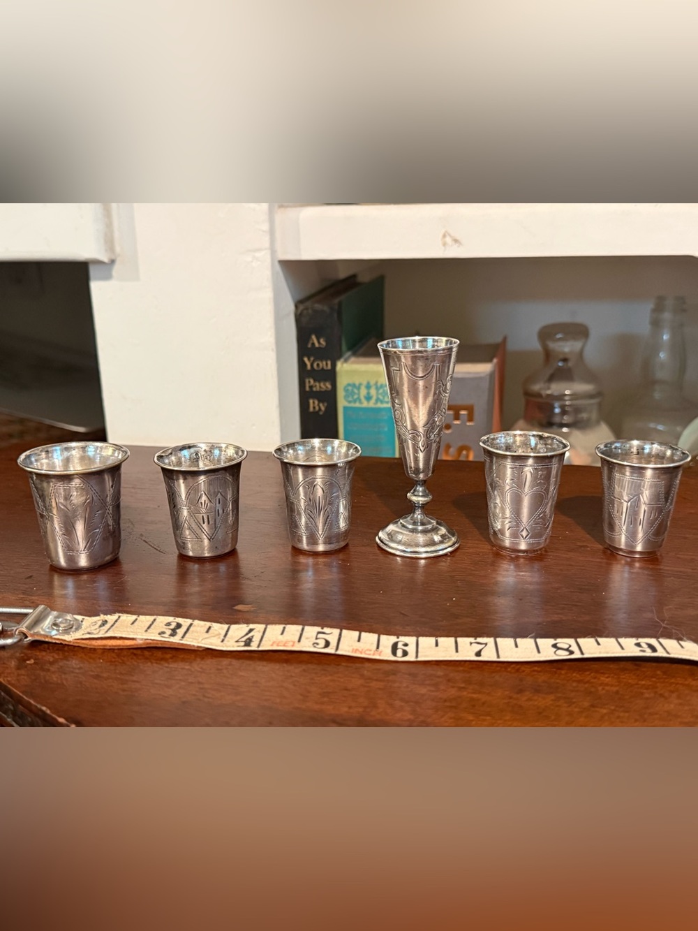 Antique Silver-Plated Engraved Shot Glass and Goblet Set